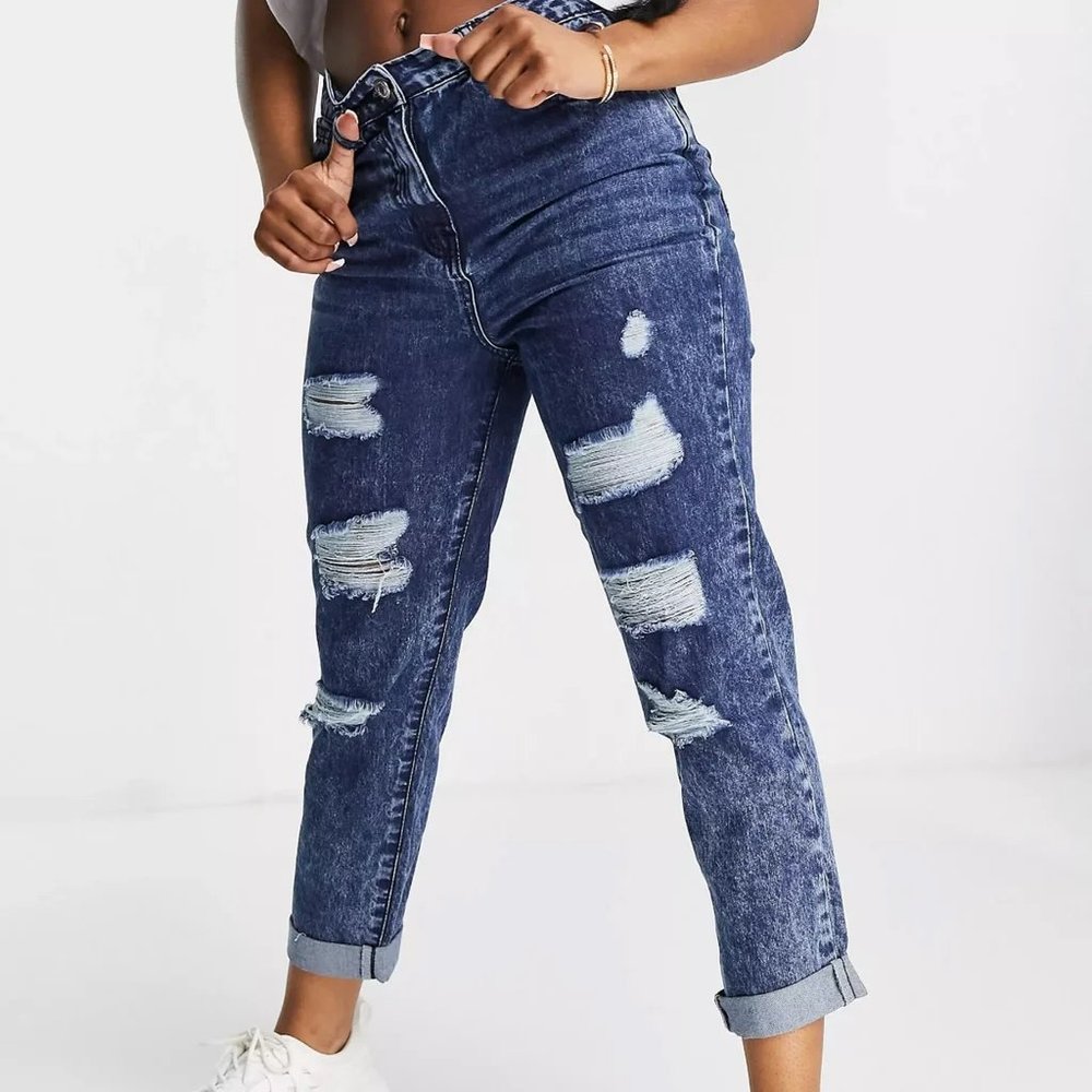 Parisian Ripped Dark Blue Acid Wash Cropped Boyfriend Jeans size 10